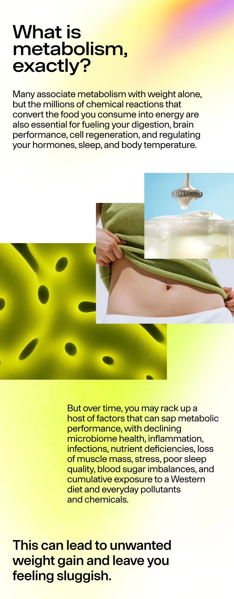 Educational graphic explaining metabolism with text and abstract lifestyle imagery.