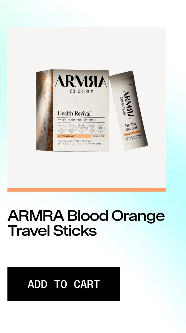 ARMRA Blood Orange Colostrum travel stick packaging with add-to-cart button.