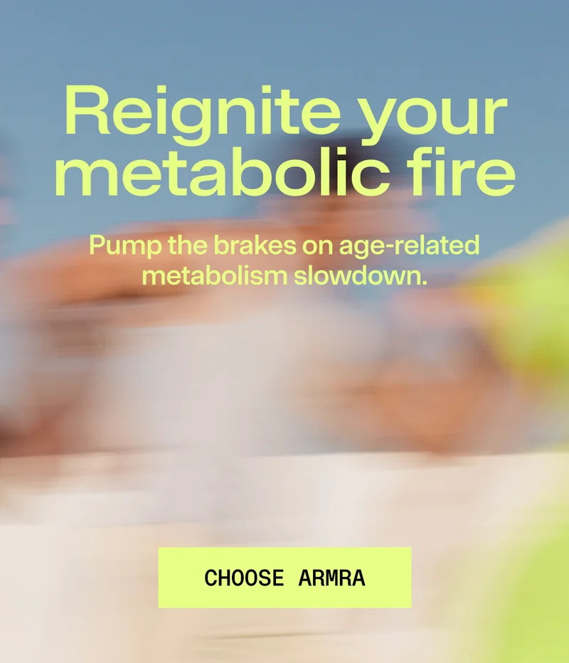 ARMRA headline reading “Reignite your metabolic fire” over a blurred lifestyle background with a call-to-action button.
