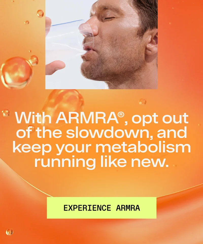Person drinking from a glass over an orange-toned background with text about supporting metabolism with ARMRA.