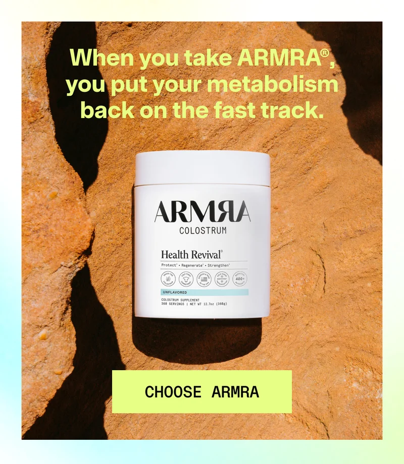 ARMRA Colostrum Health Revival container displayed on a textured background with “Choose ARMRA” call-to-action.