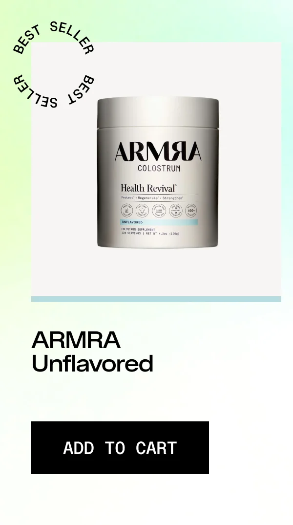 ARMRA Colostrum Health Revival Unflavored container labeled best seller with add-to-cart button.