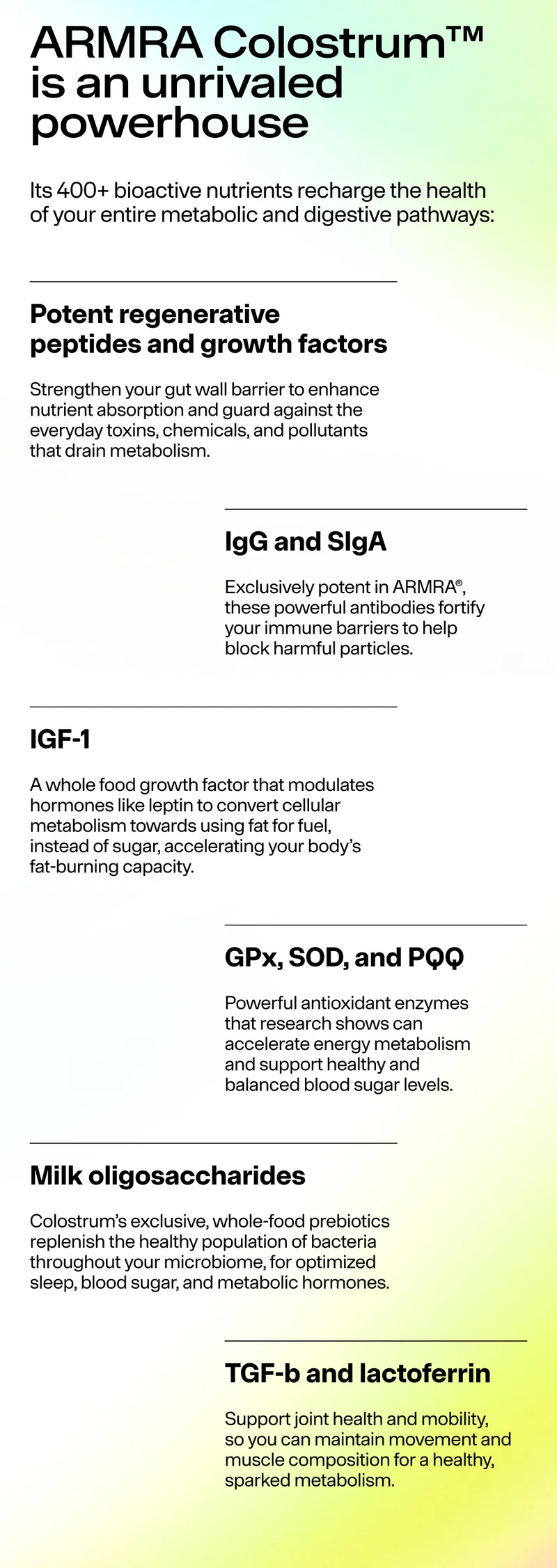 Text-based graphic listing ARMRA Colostrum bioactive components and their metabolic and digestive support benefits.