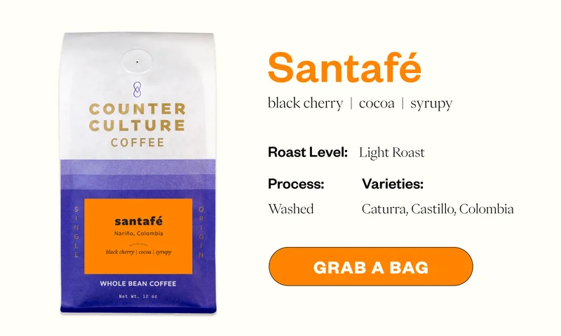 Santafe black cherry cola syrupy Roast level: Light Roast Processed: Washed Varieties: Caturra, Castillo, Colojbia Grab a Bag