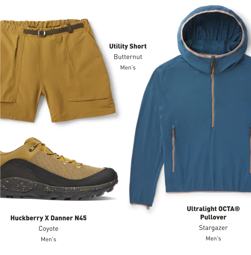 Pictured: Men's Utility Short, Ultralight OCTA® Pullover, and Huckberry X Danner N45