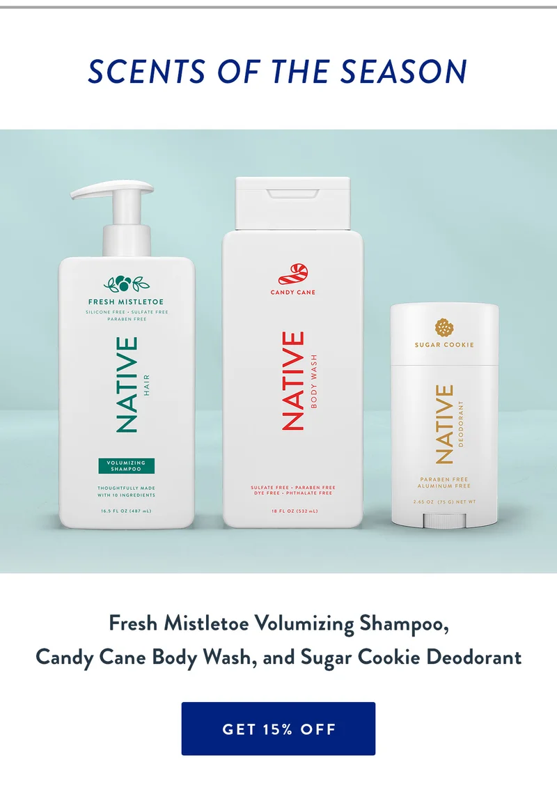 Scents of the Season | Fresh Mistletoe Volumizing Shampoo, Candy Cane Body Wash, and Sugar Cookie Deodorant | GET 15% OFF