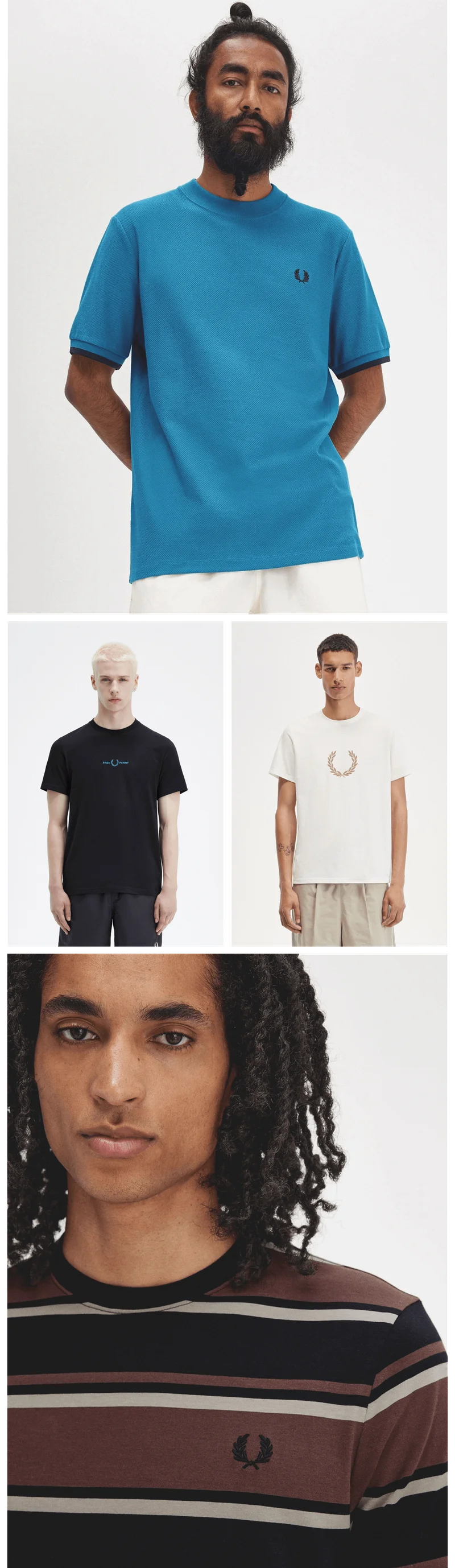 Picture collage of different male models wearing varied Fred Perry T-Shirts