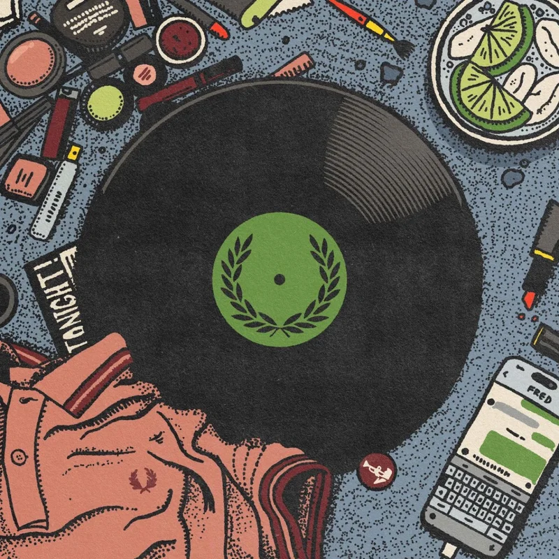 Illustrated graphic of vinyl record amongst a Fred Perry polo shirt and varied 'get ready' items.