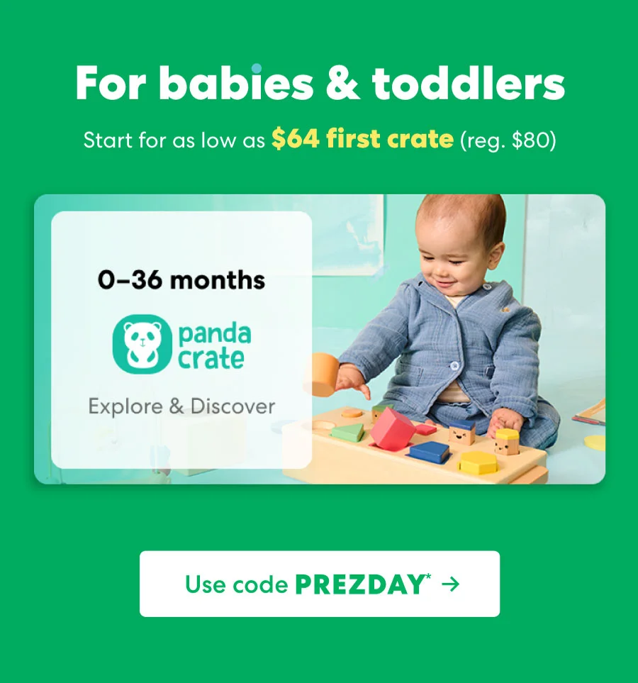 Baby playing with a KiwiCo Panda Crate toy. Designed for ages 0–36 months to explore and discover.