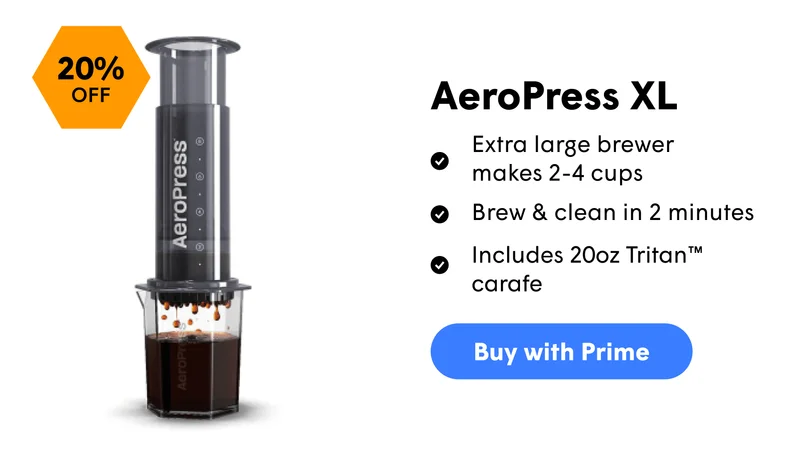 AeroPress XL Extra large brewer makes 2-4 cups Brew & clean in 2 minutes Includes 20oz Tritan™ carafe [BUY WITH PRIME]