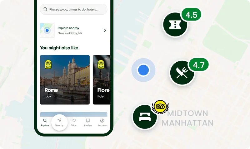 Image Description: Phone screen showing “explore nearby” navigation in the Tripadvisor app with pins for attractions, restaurants, and hotels.
