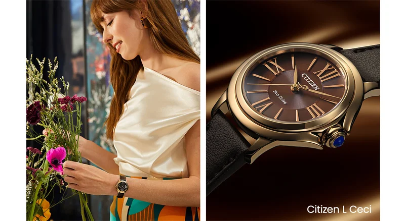 First image shows a woman picking a flower and wearing the Citizen L Ceci. Second image is a close up of the Citizen L Ceci dial.