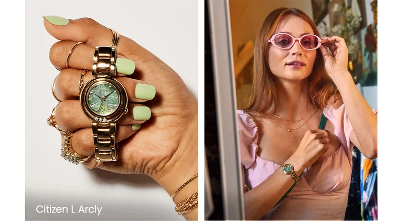 First image shows a manicured hand holding the green dial Citizen L Arcly. Woman wearing pink sunglasses and wearing the same Citizen L Arcly