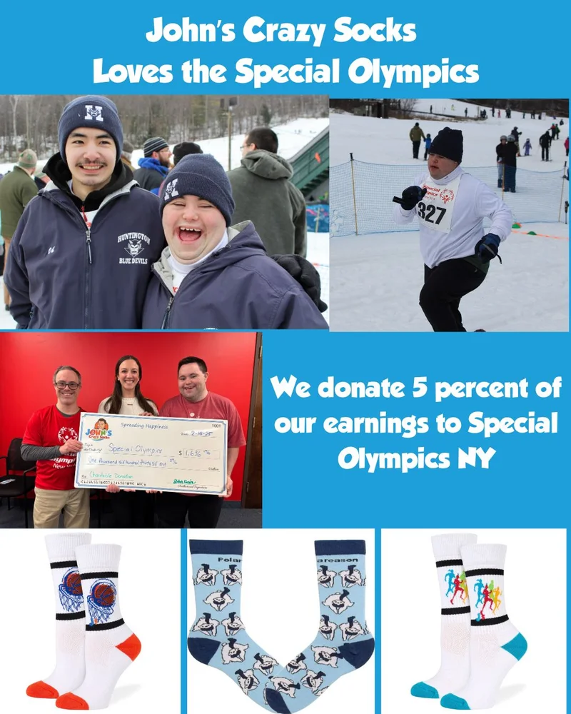 Montage of John and Andrew competing in the Speical Olympics and Special Olympic socks thday hat