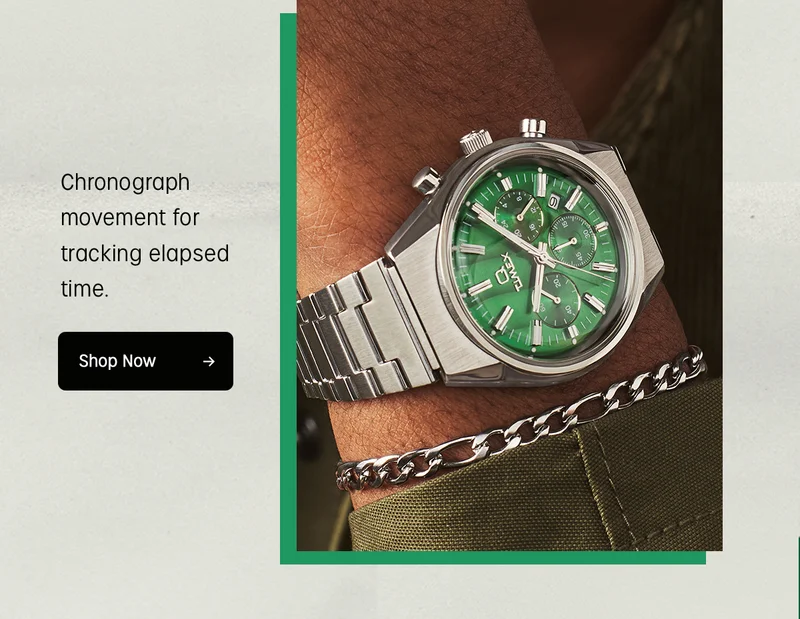 Chronograph movement for tracking elapsed time. | Shop Now
