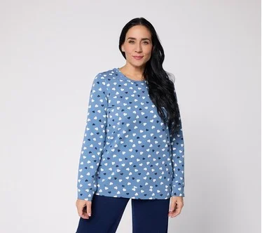Denim & Co. Printed Hearts French Terry Long Sleeve Top