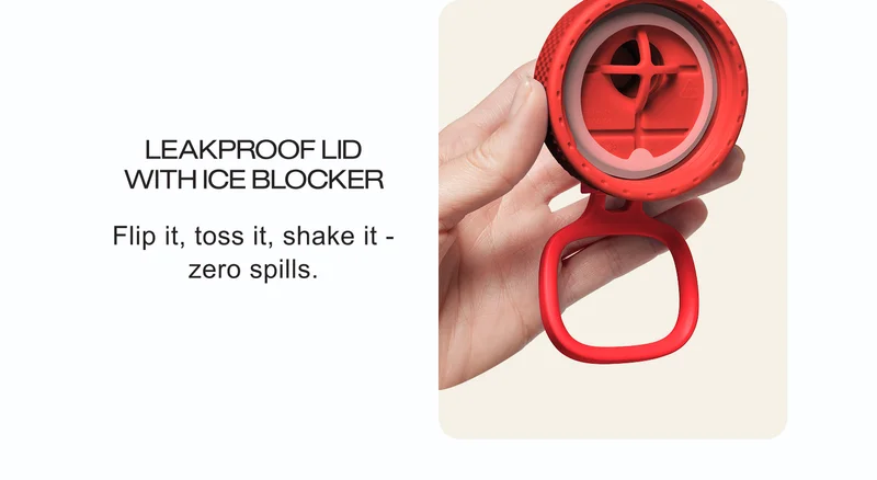 Leakproof lid with ice blocker | Flip it, toss it, shake it | Zero spills