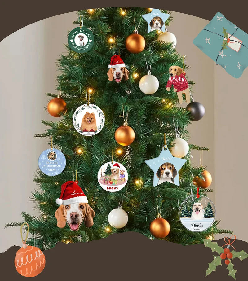 Christmas tree with custom pet face ornaments hanging on it