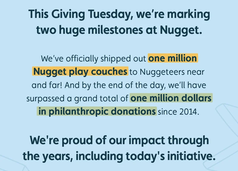 This Giving Tuesday, we’re marking two huge milestones at Nugget. We’ve officially shipped out one million Nugget play couches to Nuggeteers near and far! And by the end of the day, we’ll have surpassed a grand total of one million dollars in philanthropic donations since 2014. We're proud of our impact through the years, including today's initiative.