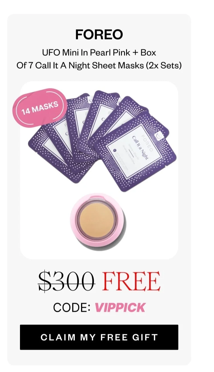 FOREO UFO Mini In Pearl Pink + Box Of 7 Call It Night Sheet Masks (2x Sets) | FREE | CODE: VIPPICK | CLAIM MY FREE GIFT