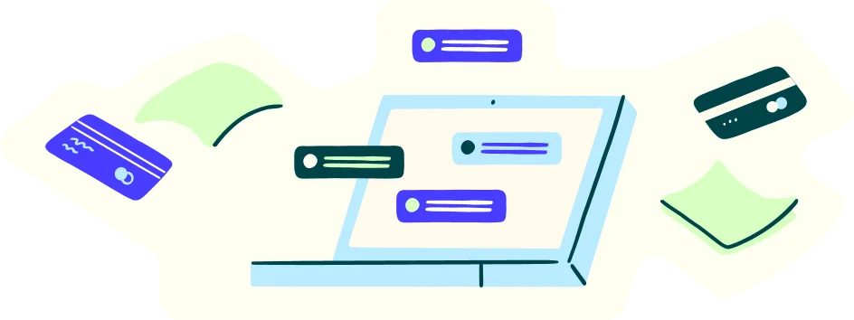 Messages and credit cards flying from a laptop