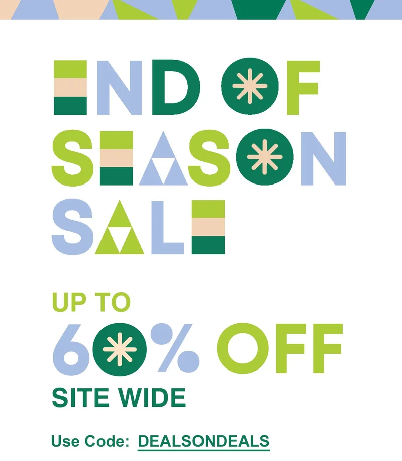 End of season sale - up to 60% off sale styles - use code discount code