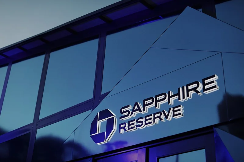 Sleek glass building with Sapphire Reserve branding.
