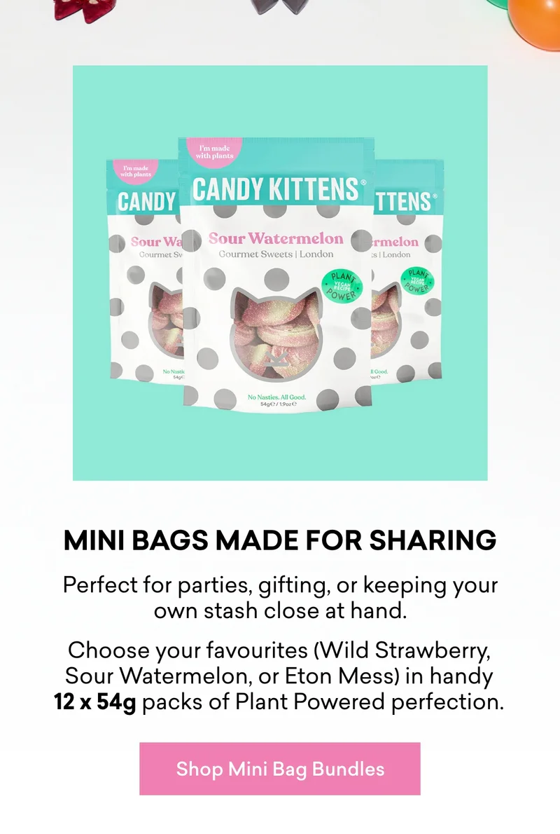Mini bags made for sharing  Perfect for parties, gifting, or keeping your own stash close at hand.  Choose your favourites (Wild Strawberry,&nbsp;Sour Watermelon, or&nbsp;Eton Mess) in handy&nbsp;12 x 54g packs&nbsp;of Plant Powered perfection.