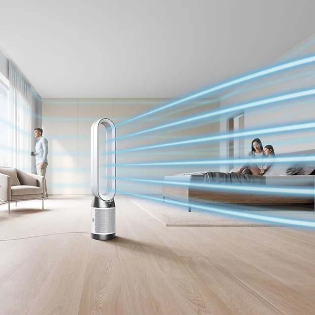 A Dyson purifier cleans the air in a bedroom