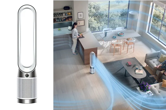 The Dyson Purifier Cool PC1 projects a powerful stream of purified air in a large room