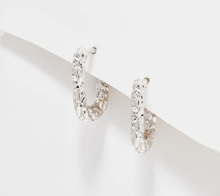 Silver Style Molten Oval 13mm Hoop Earrings, Sterling Silver