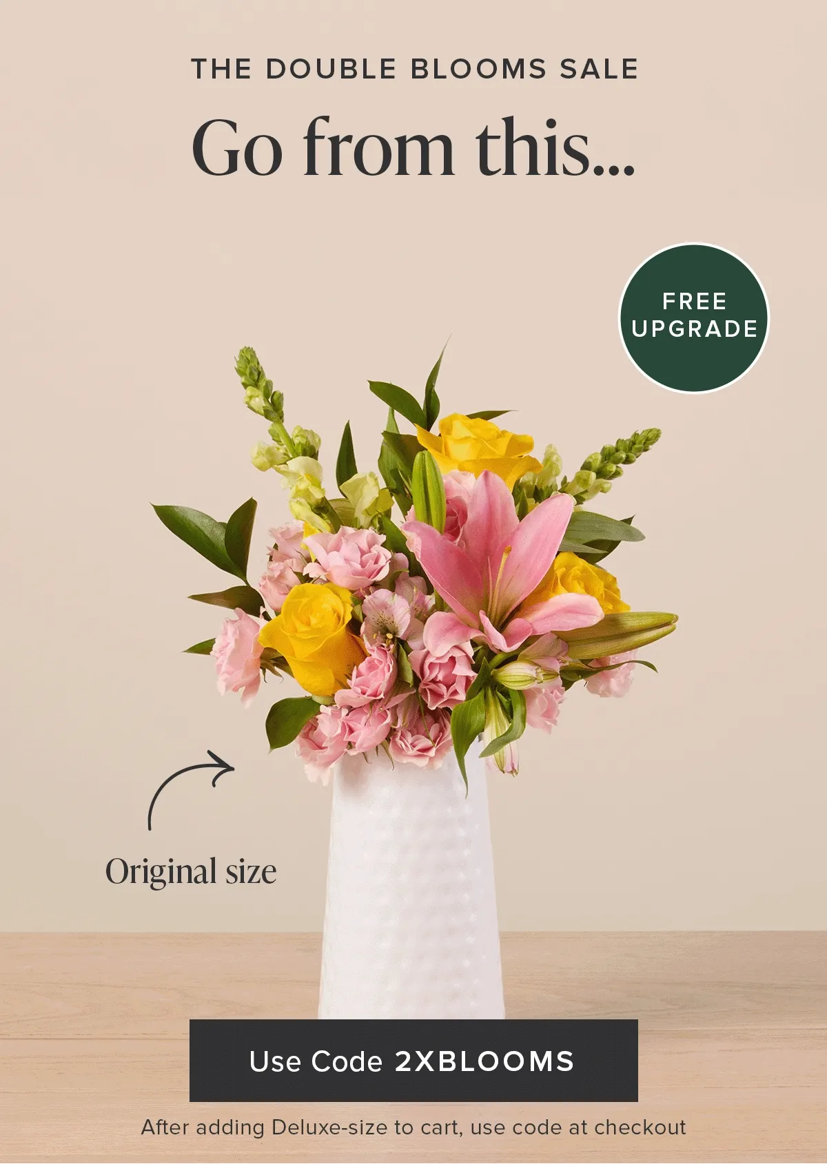 The Double Blooms Sale: Free Upgrade. Go from an original size to a deluxe size for FREE. Use code discount code after adding a deluxe-size Bouq to your cart.