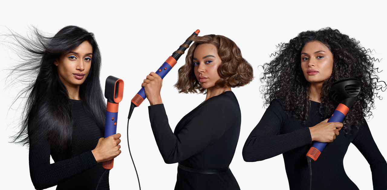 Three models using Dyson Airwrap i.d. multi-styler and dryer with attachments.