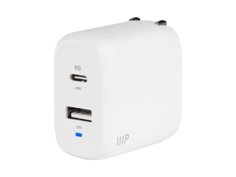 Monoprice USB-C Charger, 32W 2-port PD GaN Technology Foldable Wall Charger White, Power Delivery for iPad Pro, iPhone 16/15/14/Plus/Pro/Pro Max, Pixel, Galaxy, and More