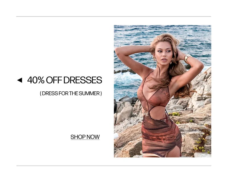 40% off summer dresses! Blonde model in a chic brown sheer cut-out mini dress on beach. Shop trendy beachwear & summer outfits now.