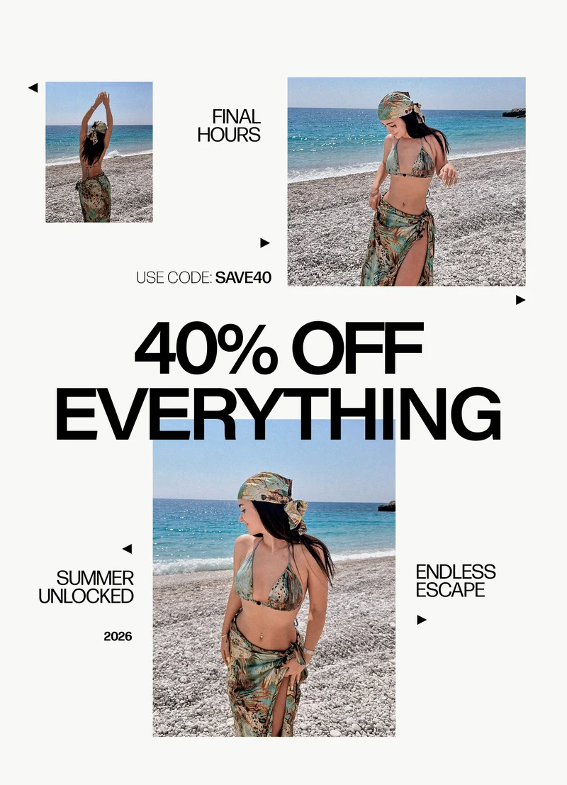 Final Hours! 40% OFF EVERYTHING with code discount code. Woman in tropical print bikini & sarong on a summer beach. Shop swimwear deals.