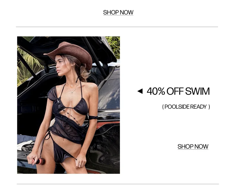 Woman in black sheer bikini set, brown cowboy hat, leaning against car. Summer beach & pool fashion.
