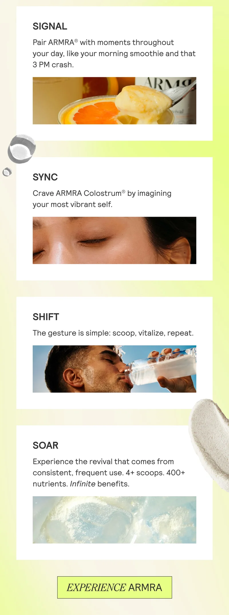 Four-step ARMRA method labeled Signal, Sync, Shift, Soar with images showing product use and lifestyle moments.