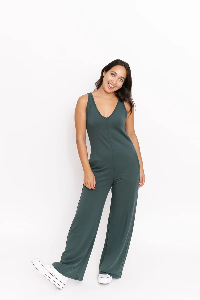 Image of Tuesday Wide Leg Romper (with removable belt) in Spruce