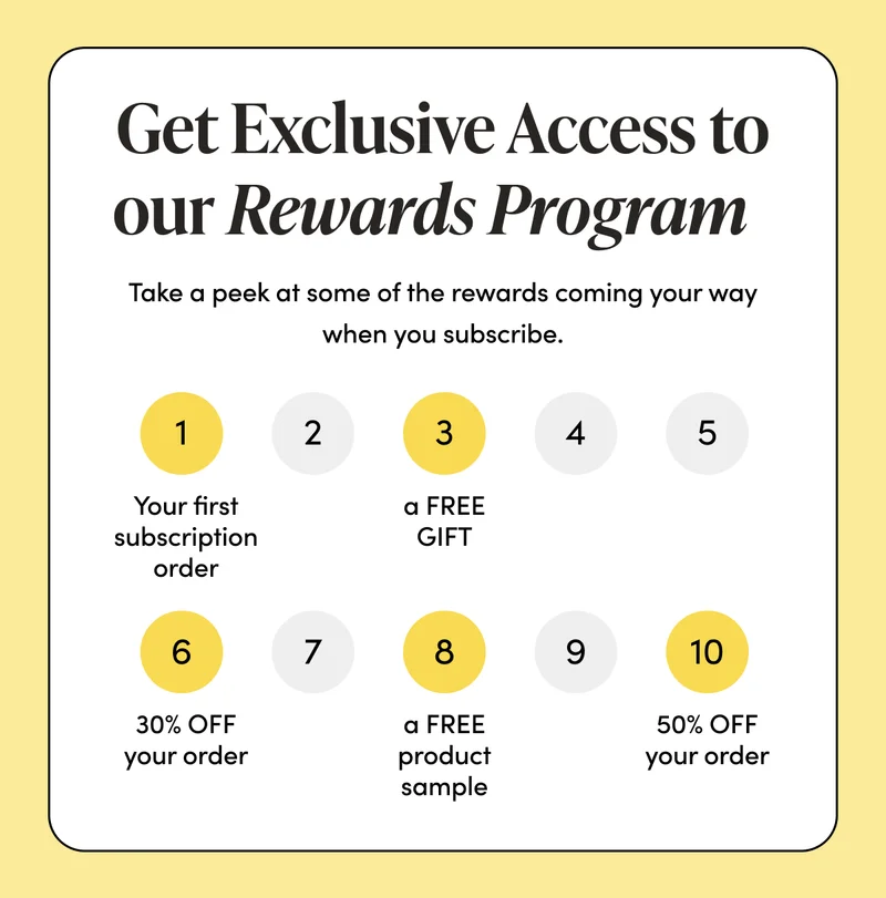 Get Exclusive Access to our Rewards Program    Take a peek at some of the rewards coming your way when you subscribe.  Order 3 You get a free gift!  Order 6 You get 30% off your order!  Order 8 You get a free product sample!  Order 10 You get 50% off your order!