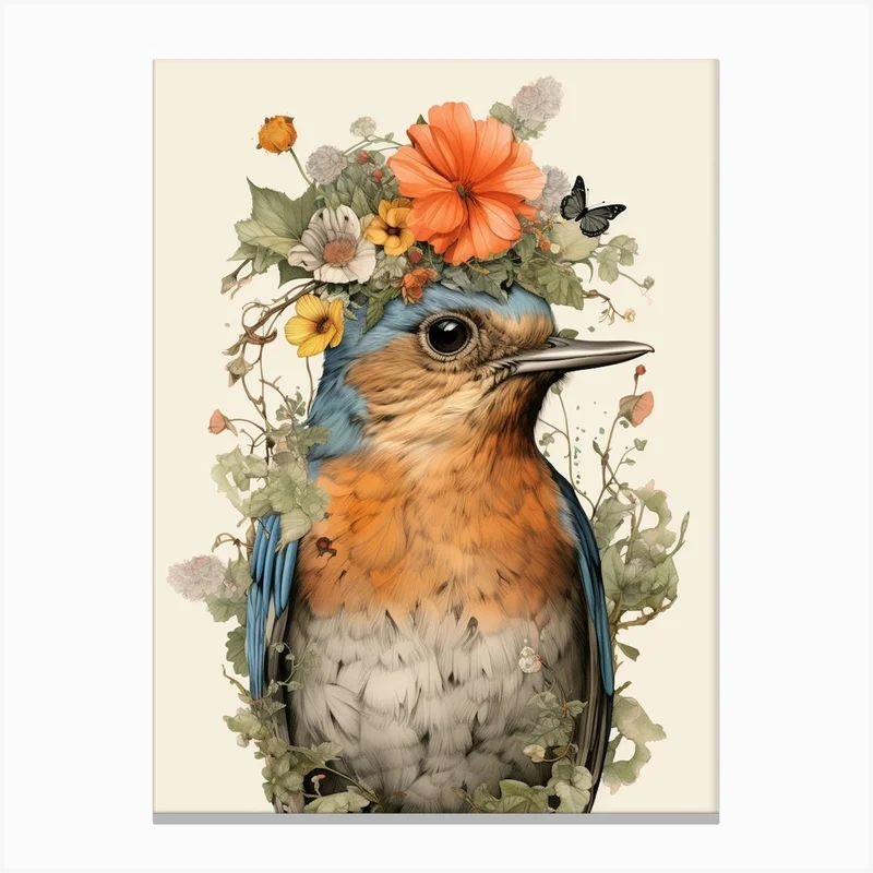 Image of Bird With A Flower Crown European Robin 2 Canvas Print