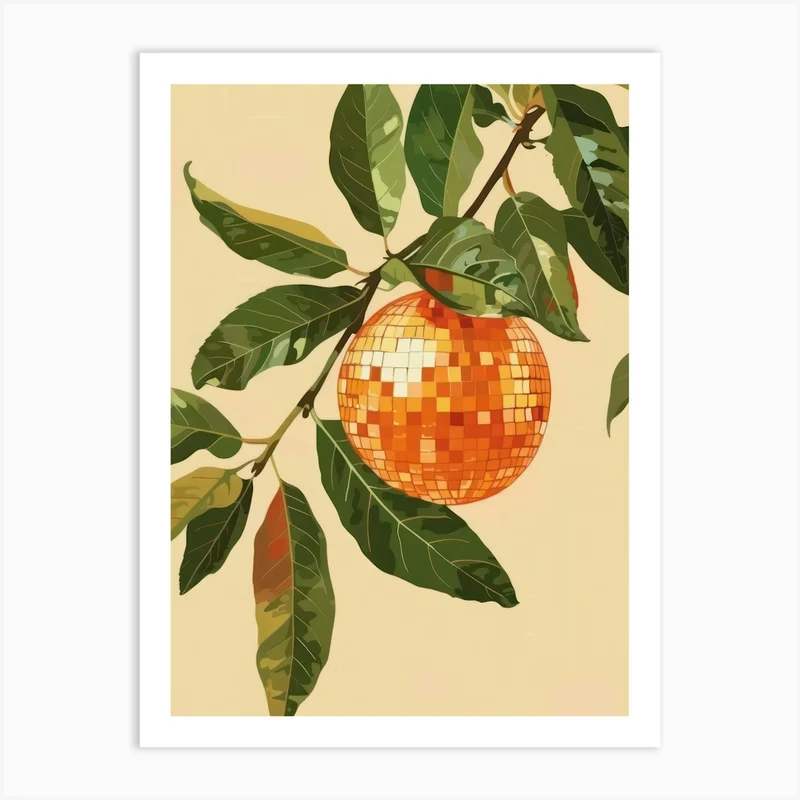 Image of Disco Ball In Orange Tree Green Leaves Kitchen Art Print
