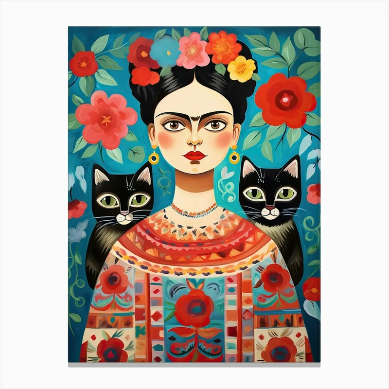 Image of Frida Kahlo Two Cats Mexican Painting Botanical Floral Canvas Print