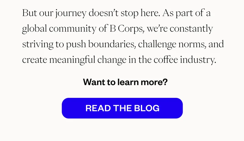 But our journey doesn’t stop here. As part of a global community of B Corps, we’re constantly striving to push boundaries, challenge norms, and create meaningful change in the coffee industry. Want to learn more?  CTA: Read the Blog