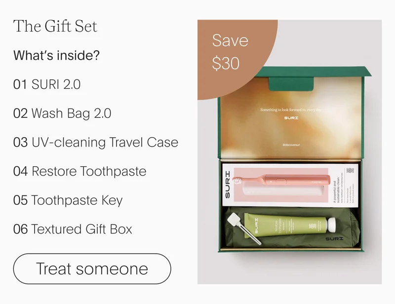 the gift set - what's inside? suri 2.0, wash bag 2.0, uv-cleaning travel case, restore toothpaste, toothpaste key, textured gift box - treat someone