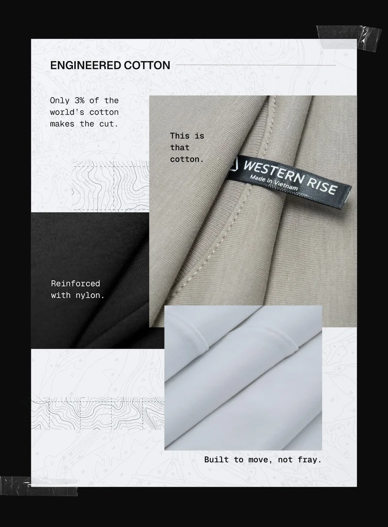 Engineered Cotton: Only 3% of the world’s cotton makes the cut. This is that cotton. Reinforced with nylon. Built to move, not fray.