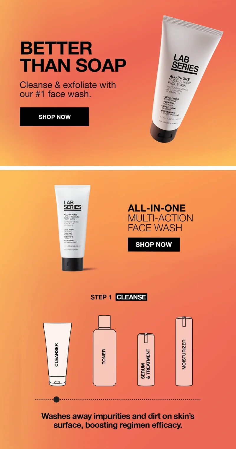 BETTER THAN SOAP | Cleanse and exfoliate with our #1 face wash | SHOP NOW | ALL-IN-ONE MULTI-ACTION FACE WASH | SHOP NOW | Step 1: CLEANSE | Washes away impurities and dirt on skins surface, boosting regimen efficacy