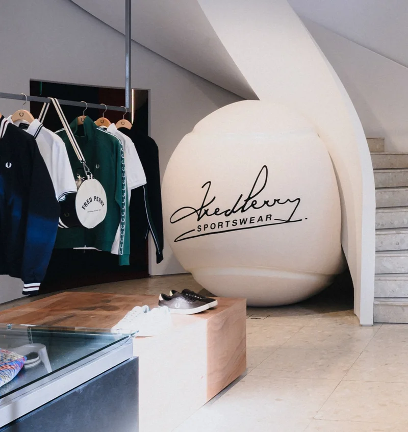 Photograph of the ground floor of our new flagship store in Soho. A rail of garments and a barrel bag hang in front of a curved staircase with a human-height white tennis ball embedded into the curve of the staircase with Fred Perry's original signature signed in black on the front