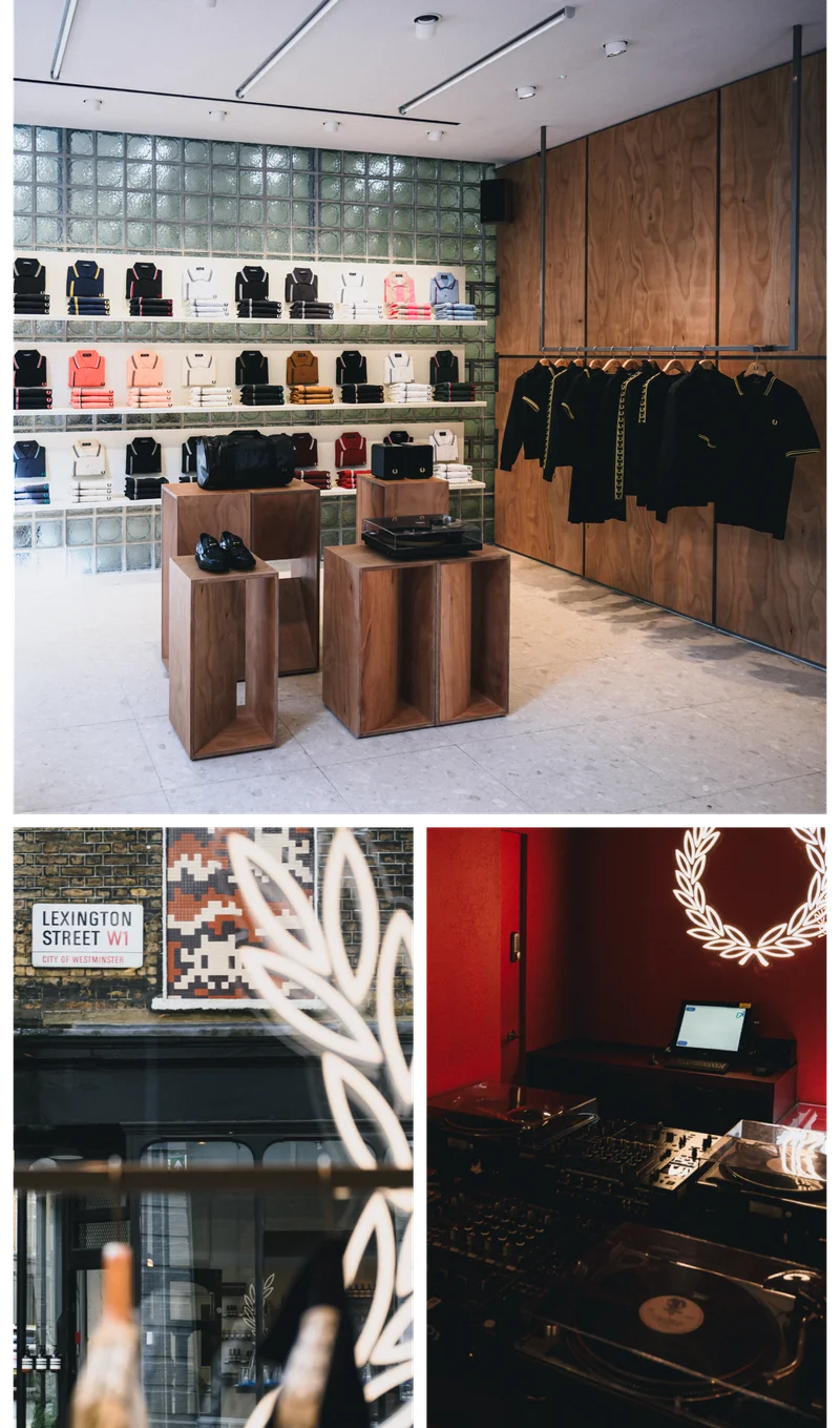 a selection of photographs from within the store in Soho, Lexington Street, showing product rails, a Fred Perry Shirt wall and music decks
