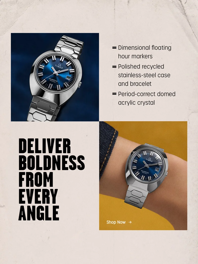 DELIVER BOLDNESS FROM EVERY ANGLE | Dimensional floating hour markers | Polished recycled stainless-steel case and bracelet | Period-correct domed acrylic crystal | Shop Now